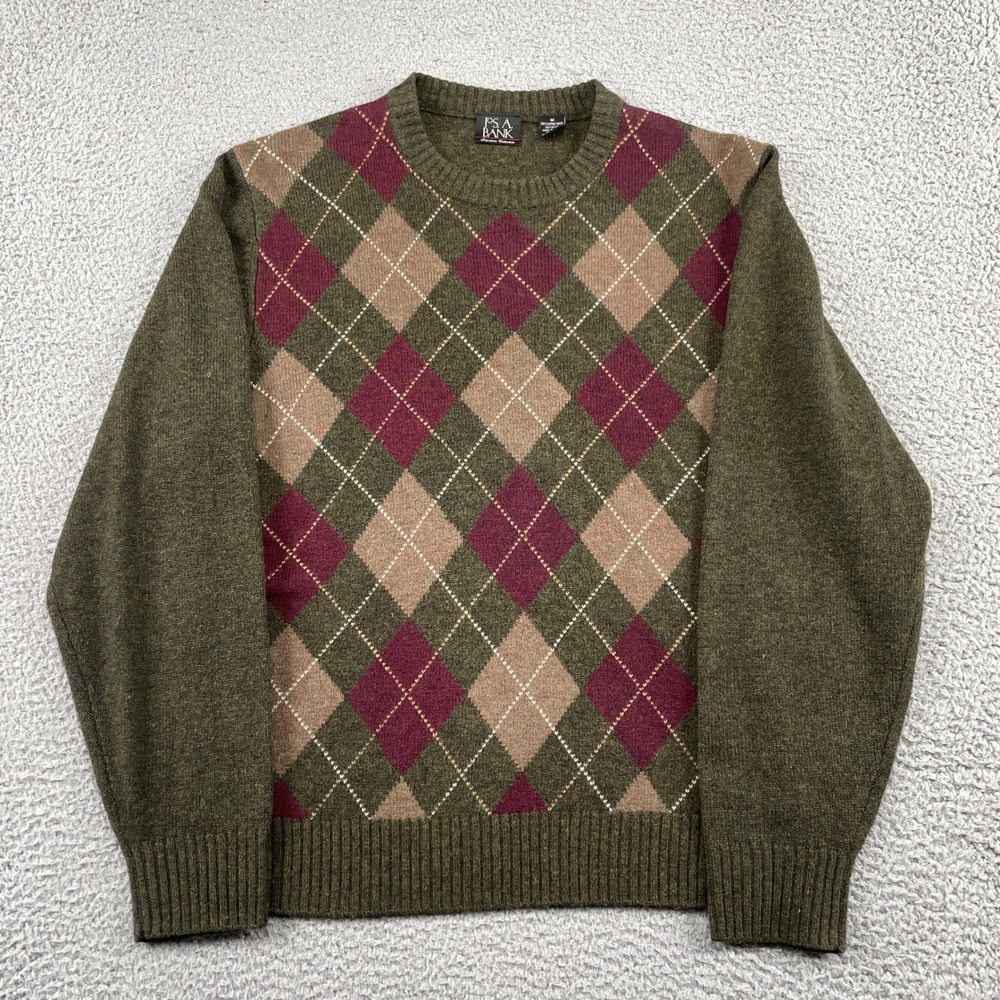 Jos. A. Bank Sweater Mens M Green Argyle Signature Collection Lambswool Blend
